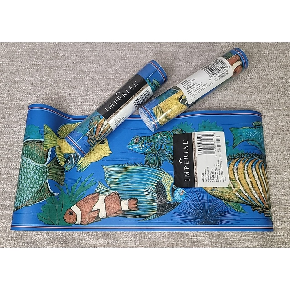 3 Vintage Imperial Wallpaper Border Fish Ocean Motif 15 YARDS Aquarium Blue‎ NEW
